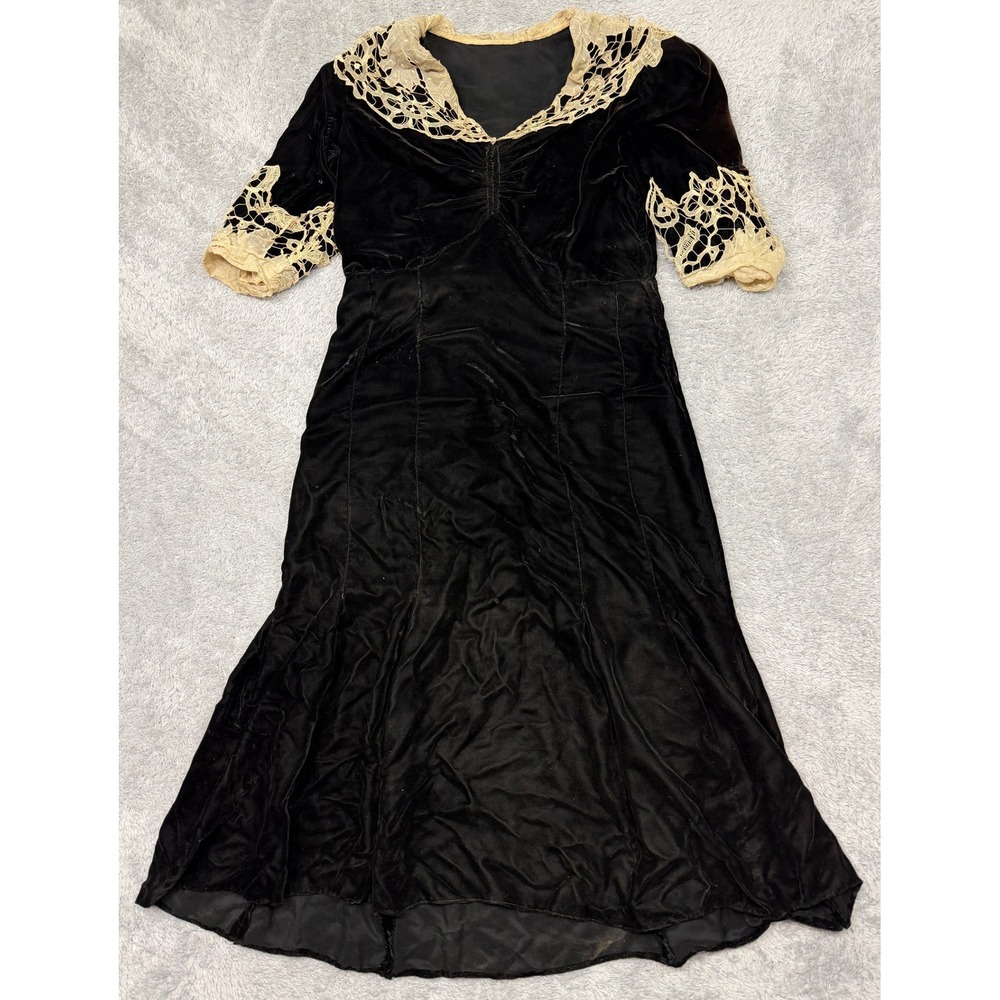 Antique 1920s The Misses Section Bullocks Velvet Dress Womens S Black Lace Goth